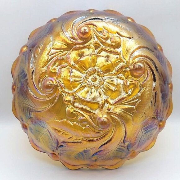 Vintage Indiana Carnival Glass Amber Wild Rose Footed Bowl 1970s Iridescent - Picture 4 of 6